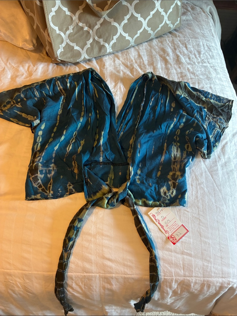 BOGO FREE-Blue Tie-Dye, Flowy Wrap Style Crop Top W/Tie Closure- Size Small - Picture 2 of 9